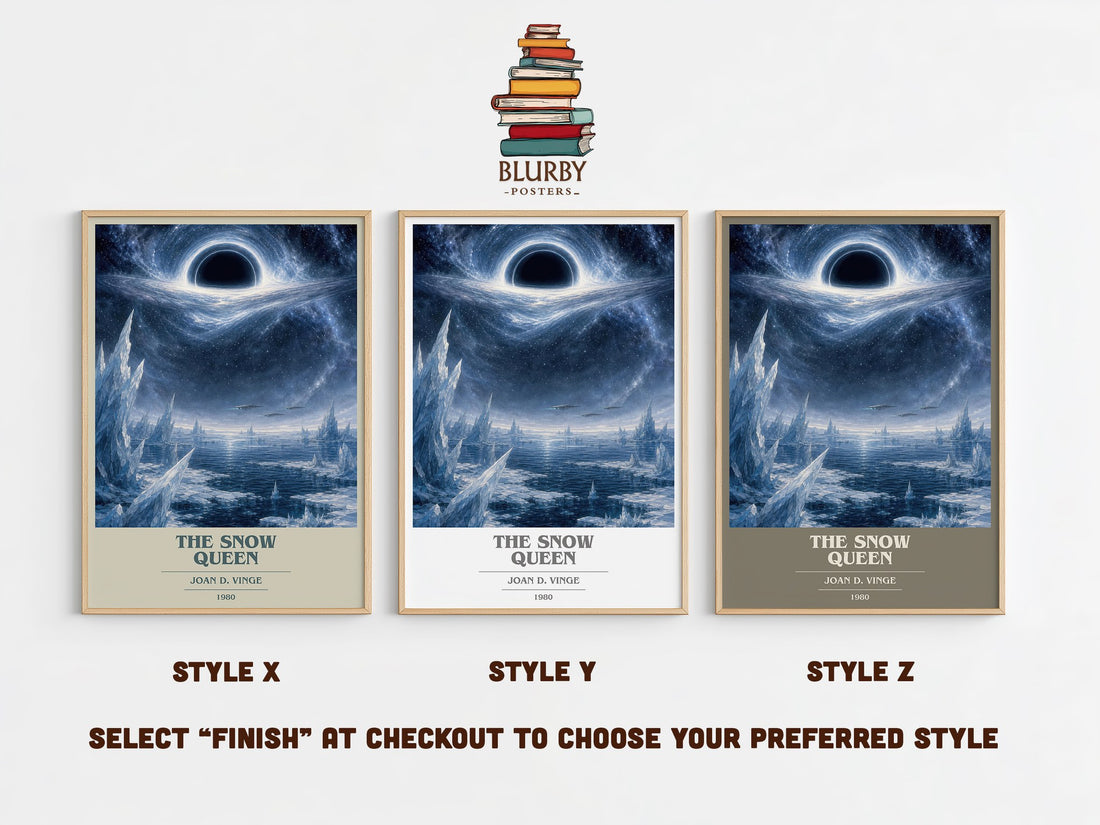 The Snow Queen book cover print in frame leaning in hallway – sci fi wall art (mockup)