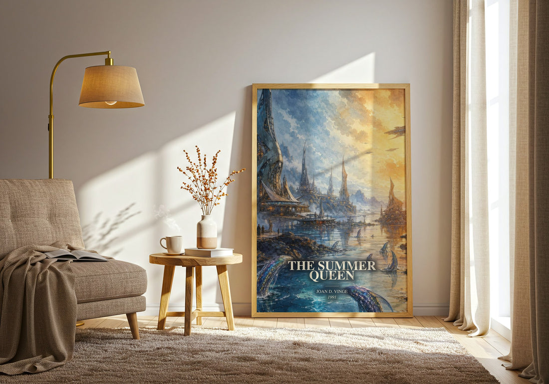 The Summer Queen watercolour print in frame leaning in hallway – sci fi wall art