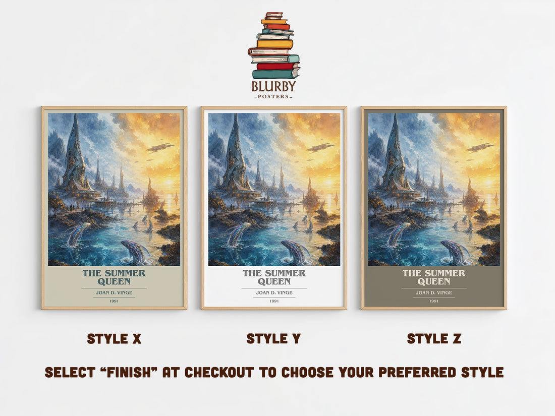 The Summer Queen book cover print in frame leaning in hallway – sci fi wall art (mockup)