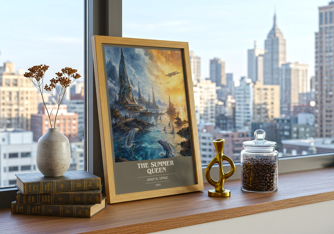 The Summer Queen book cover print framed by window – literary home decor