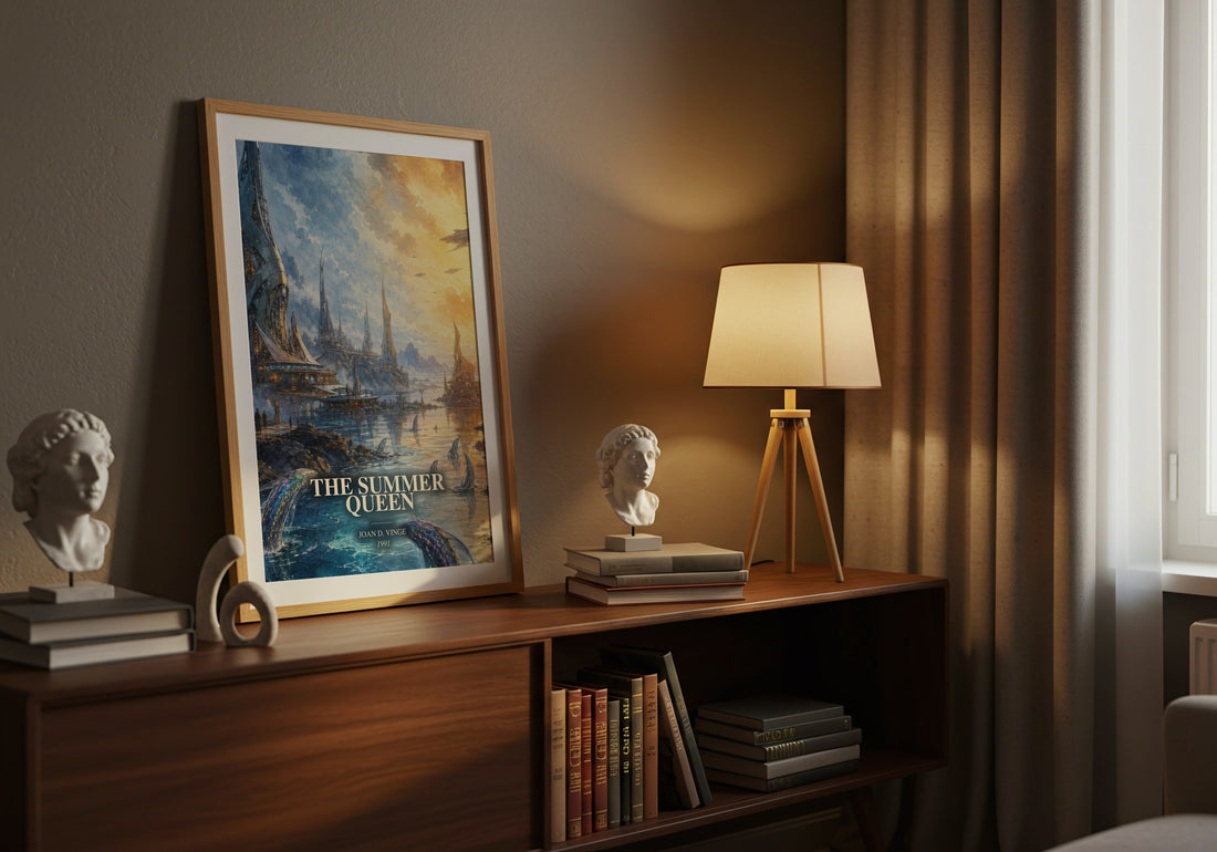 The Summer Queen watercolour print on bookshelf – Joan D. Vinge fan gift
