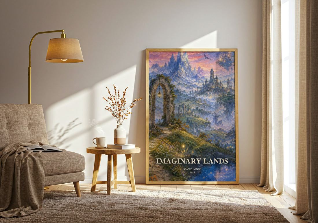 Imaginary Lands watercolour print in frame leaning in hallway – fantasy wall art