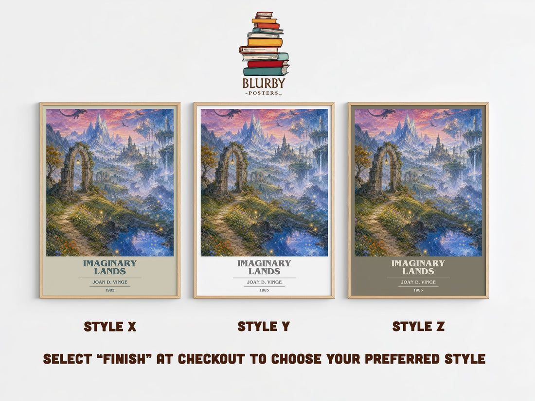 Imaginary Lands book cover print in frame leaning in hallway – fantasy wall art (mockup)