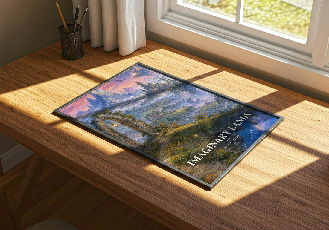 Imaginary Lands watercolour book poster framed on wall – fantasy wall art
