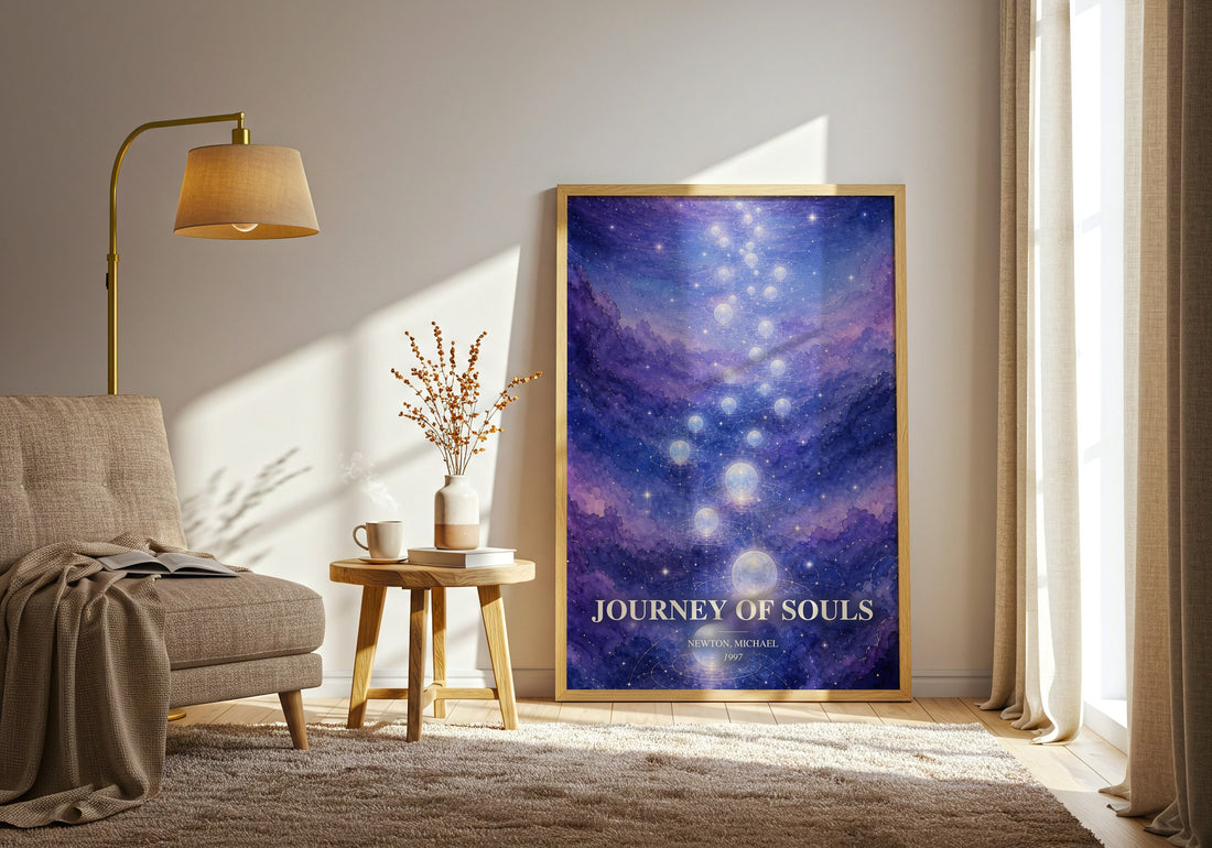 Journey of souls watercolour print in frame leaning in hallway – non fiction wall art