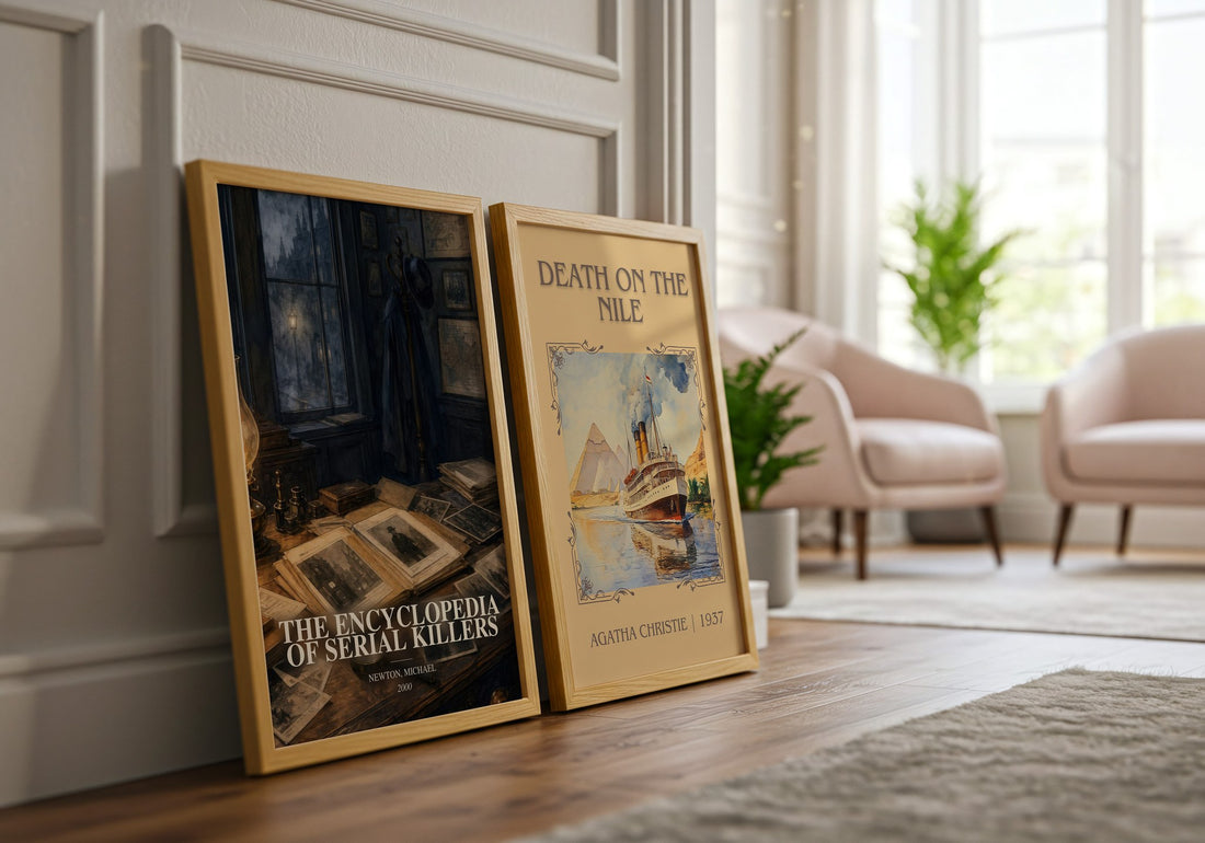 The encyclopedia of serial killers watercolour print framed by window – literary home decor