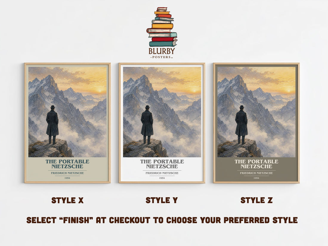 The portable Nietzsche book cover print in frame leaning in hallway – philosophy wall art (mockup)
