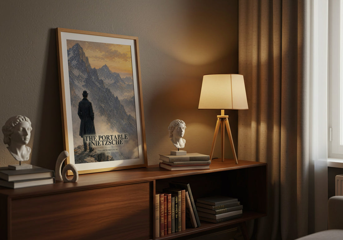 The portable Nietzsche watercolour print on bookshelf – Friedrich Nietzsche fan gift