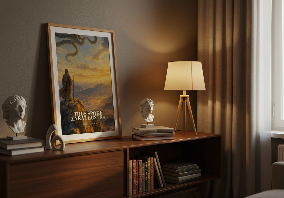 Thus Spoke Zarathustra watercolour print on bookshelf – Friedrich Nietzsche fan gift