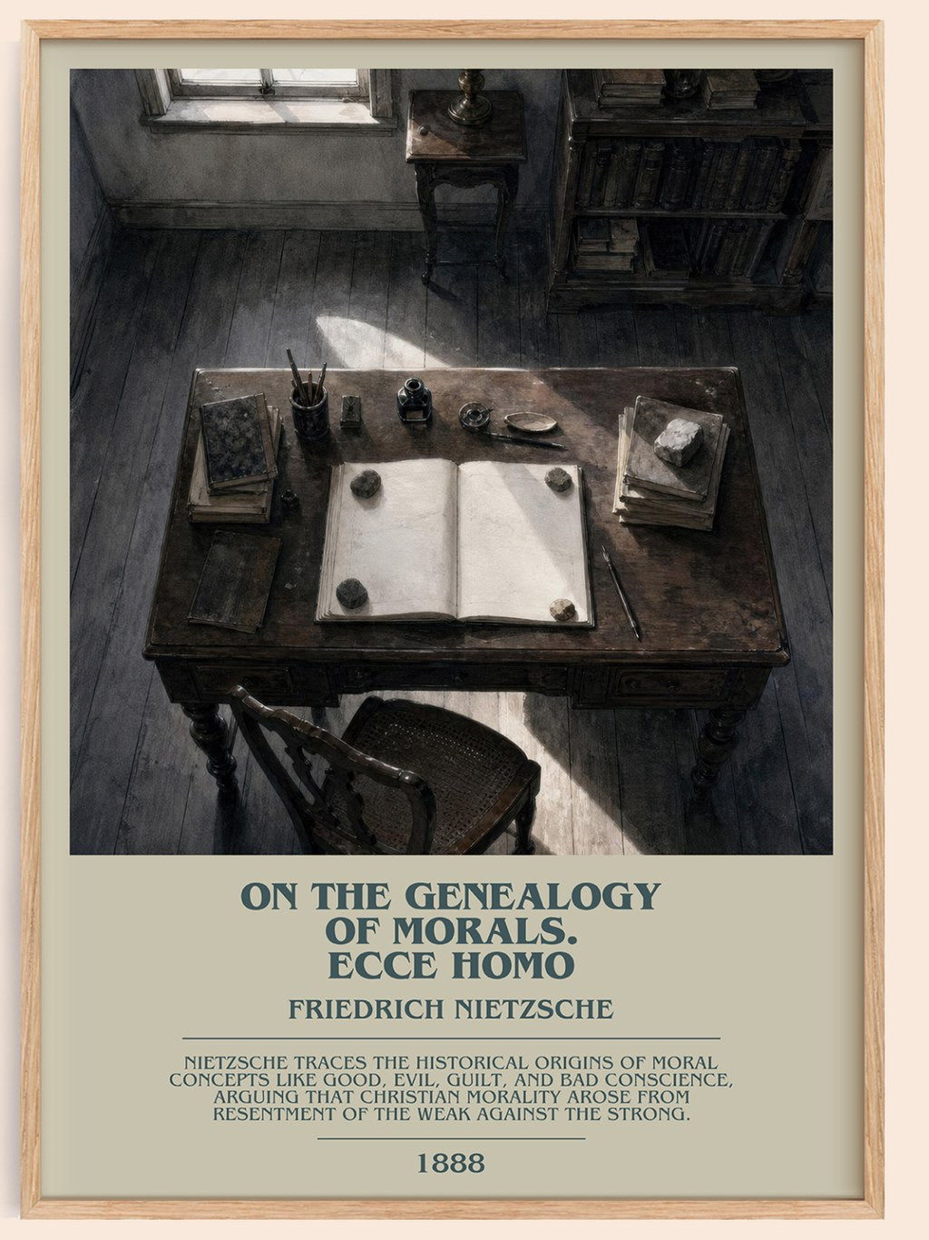 On the genealogy of morals. Ecce Homo bookish book poster by Friedrich Nietzsche – framed literary art print