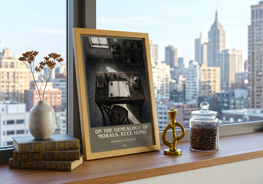 On the genealogy of morals. Ecce Homo book cover print framed by window – literary home decor