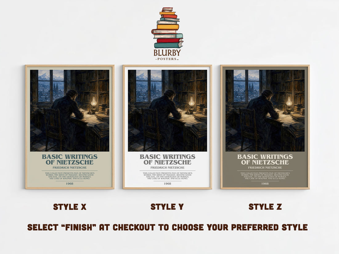 Basic writings of Nietzsche bookish print in frame leaning in hallway – philosophy wall art (mockup)