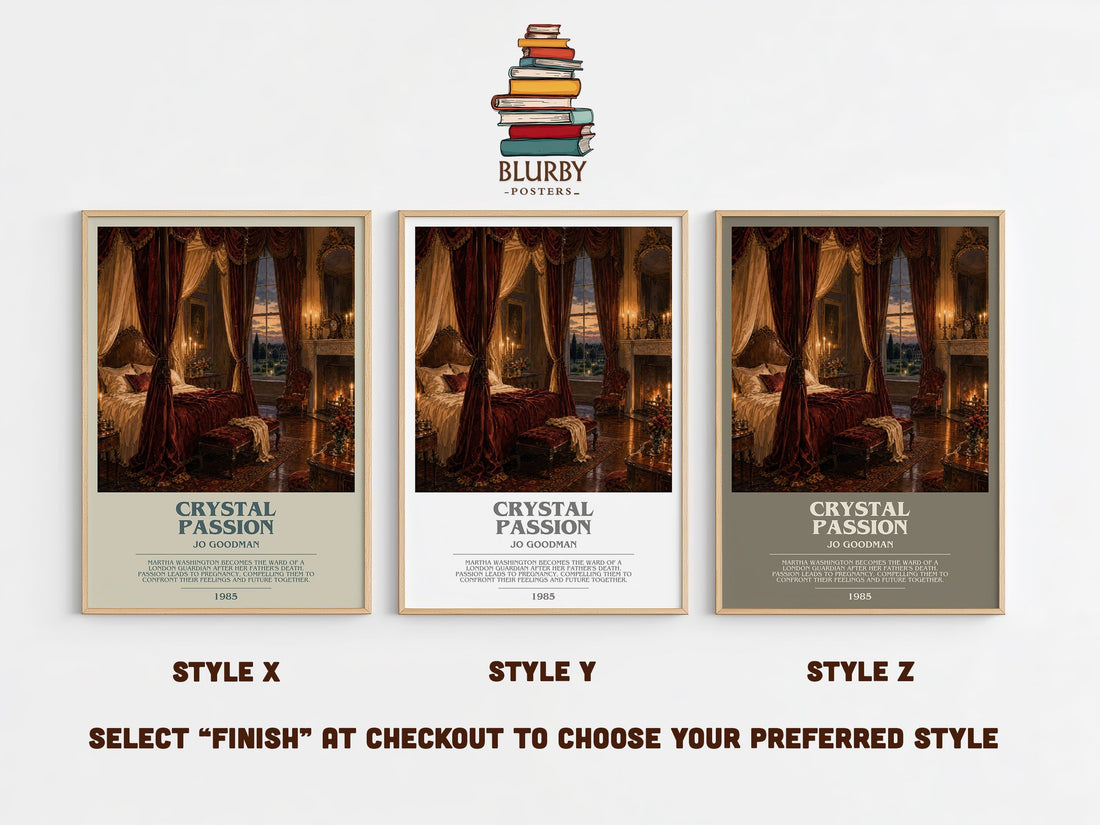 Crystal Passion bookish print in frame leaning in hallway – romance wall art (mockup)