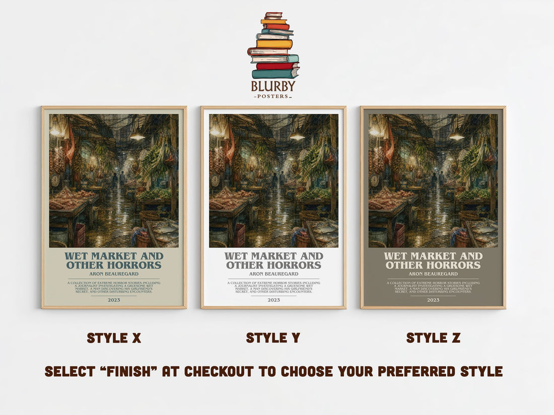 Wet Market and Other Horrors bookish print in frame leaning in hallway – horror wall art (mockup)