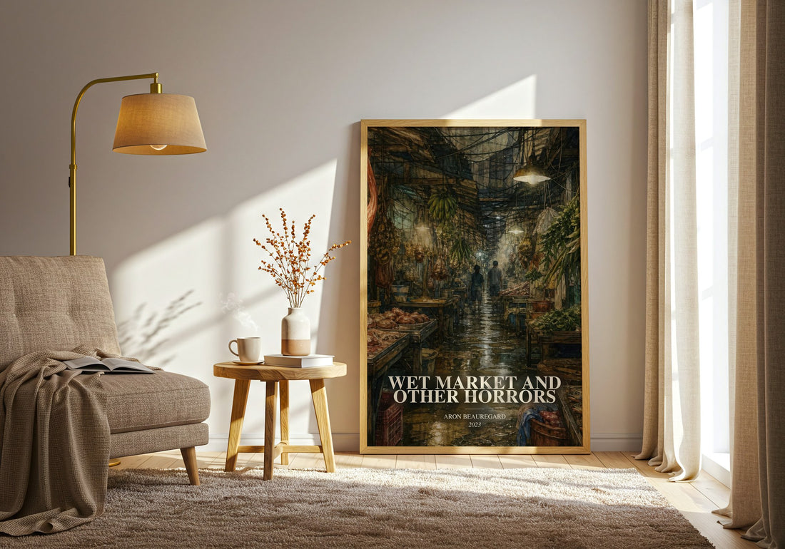 Wet Market and Other Horrors watercolour print in frame leaning in hallway – horror wall art