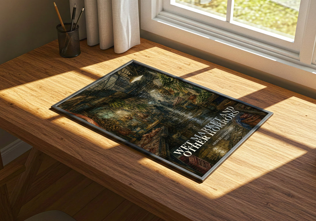 Wet Market and Other Horrors watercolour book poster framed on wall – horror wall art