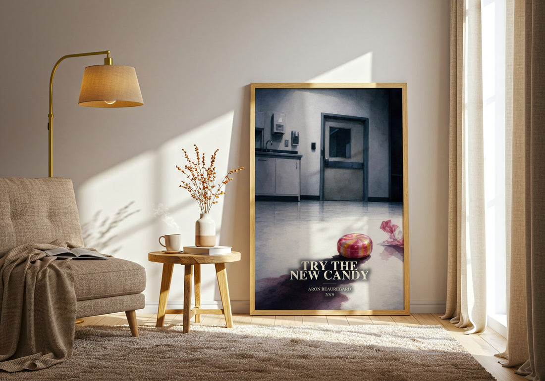 Try the New Candy watercolour print in frame leaning in hallway – horror wall art