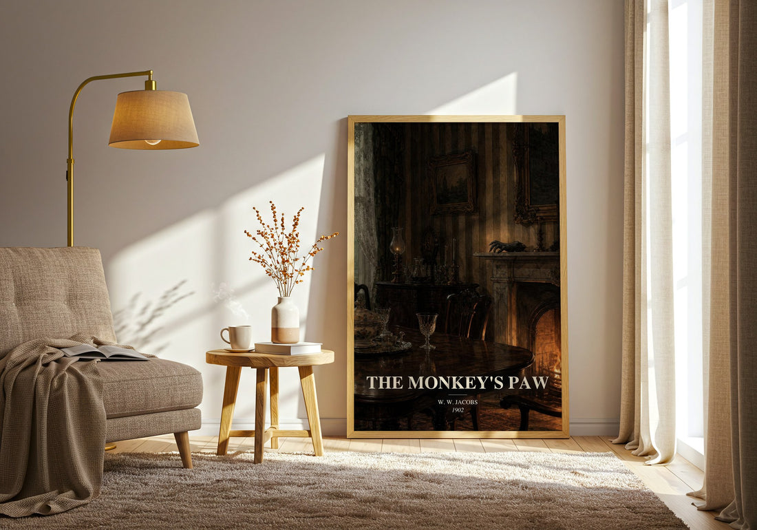 The monkey's paw watercolour print in frame leaning in hallway – horror wall art