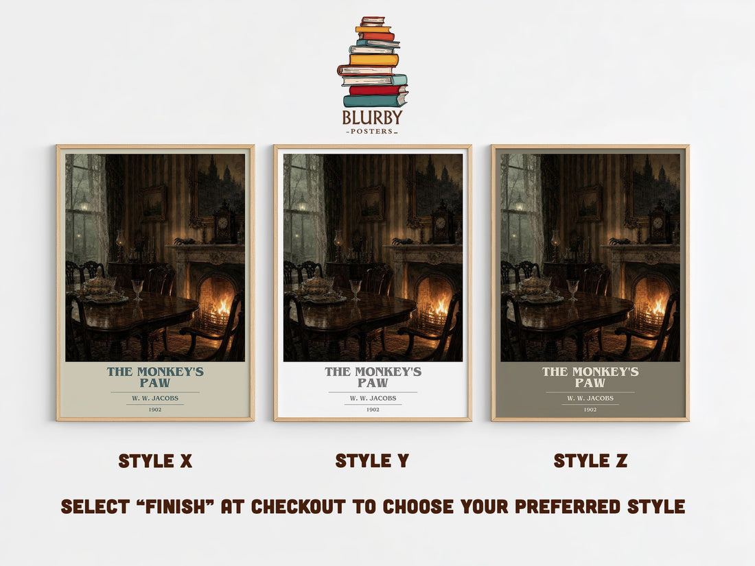 The monkey's paw book cover print in frame leaning in hallway – horror wall art (mockup)