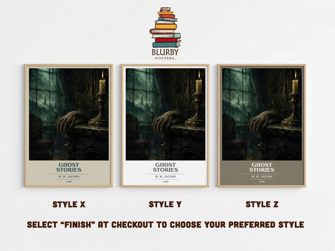 Ghost Stories book cover print in frame leaning in hallway – horror wall art (mockup)