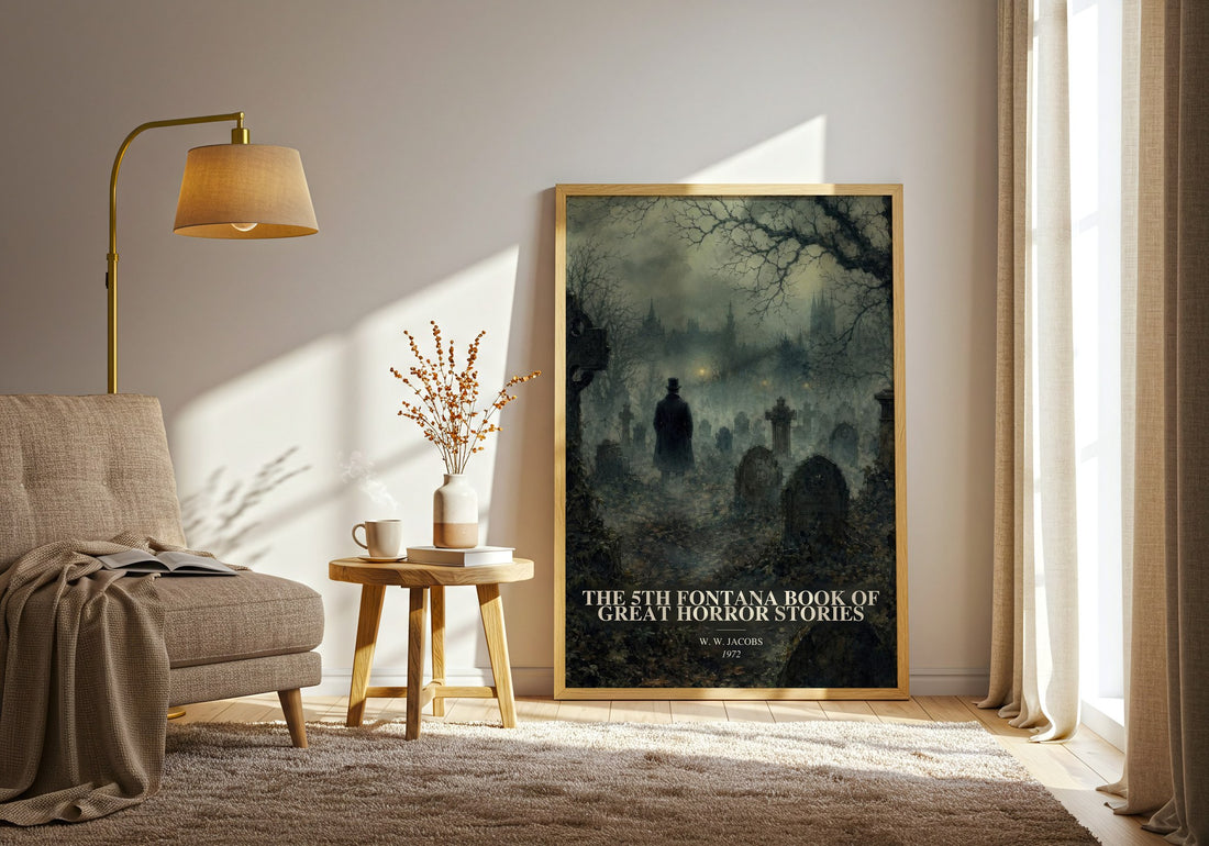 The 5th Fontana Book of Great Horror Stories watercolour print in frame leaning in hallway – horror wall art
