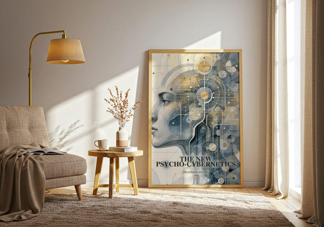 The New Psycho-Cybernetics watercolour print in frame leaning in hallway – non fiction wall art