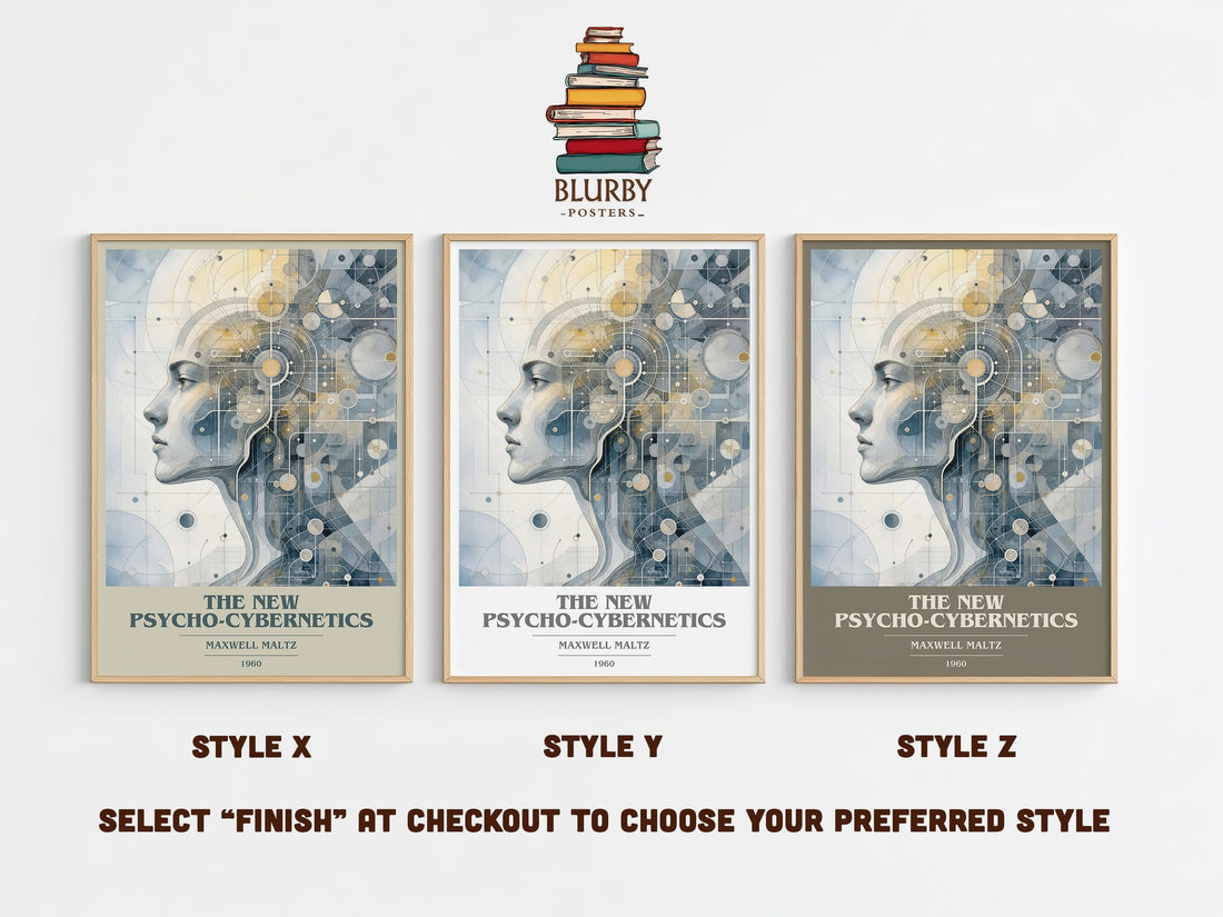 The New Psycho-Cybernetics book cover print in frame leaning in hallway – non fiction wall art (mockup)