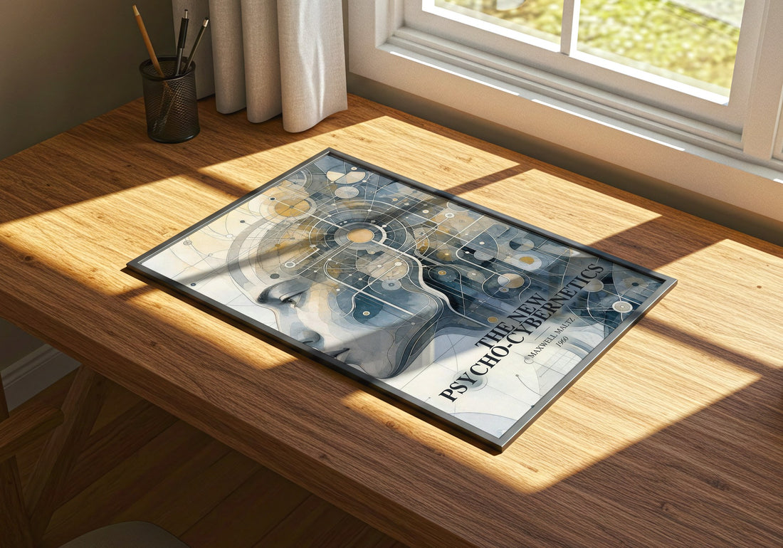 The New Psycho-Cybernetics watercolour book poster framed on wall – non fiction wall art