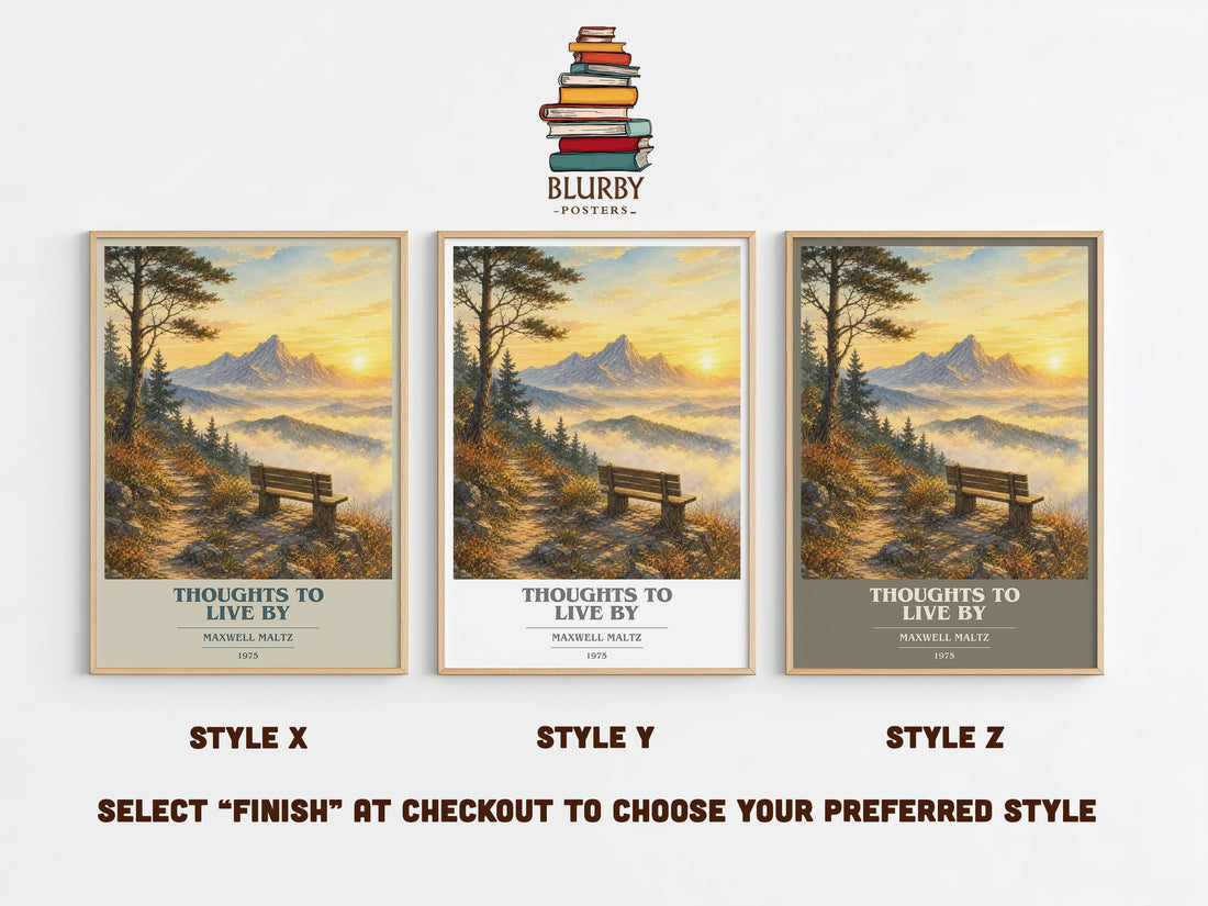 Thoughts to live by book cover print in frame leaning in hallway – non fiction wall art (mockup)