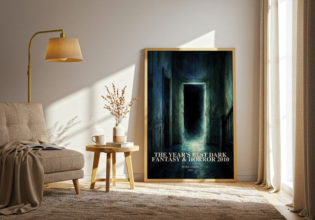 The Year's Best Dark Fantasy & Horror 2010 watercolour print in frame leaning in hallway – horror wall art