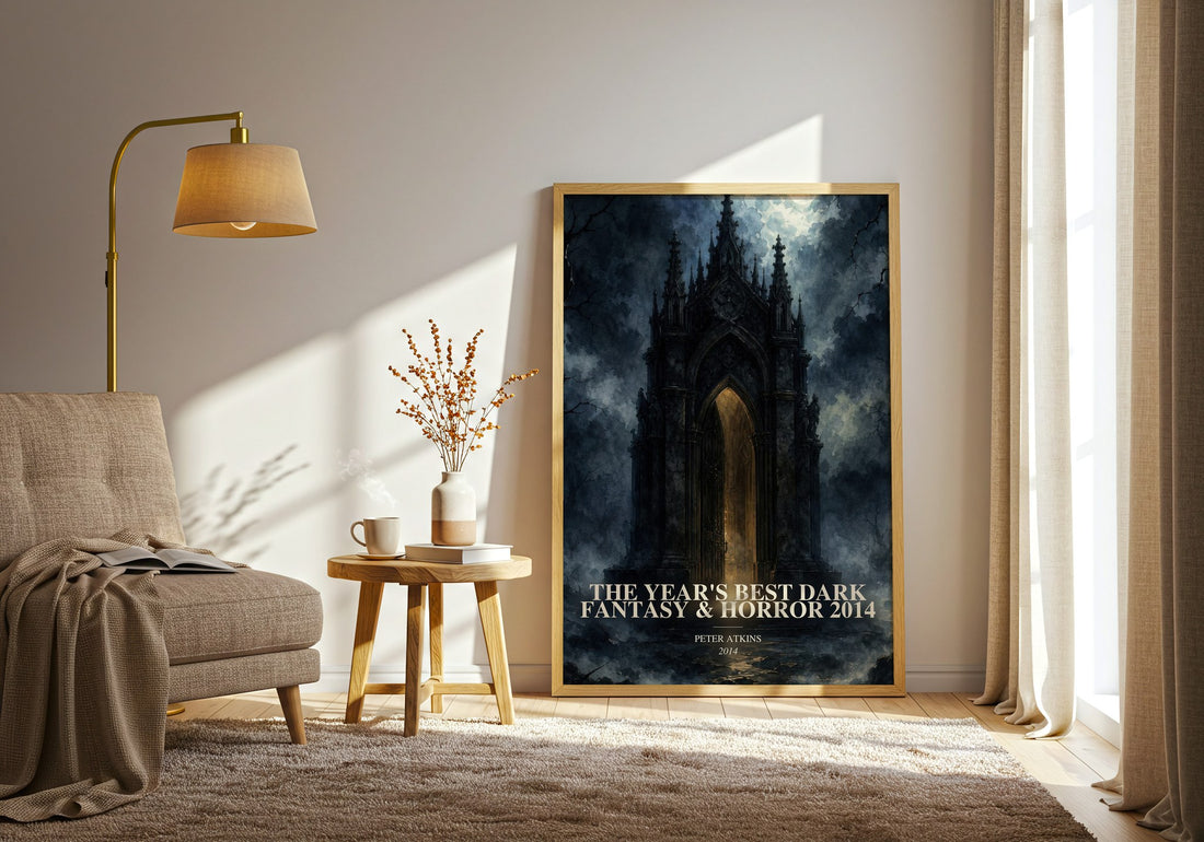 The Year's Best Dark Fantasy & Horror 2014 watercolour print in frame leaning in hallway – horror wall art