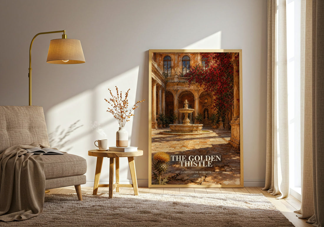 The Golden Thistle watercolour print in frame leaning in hallway – romance wall art