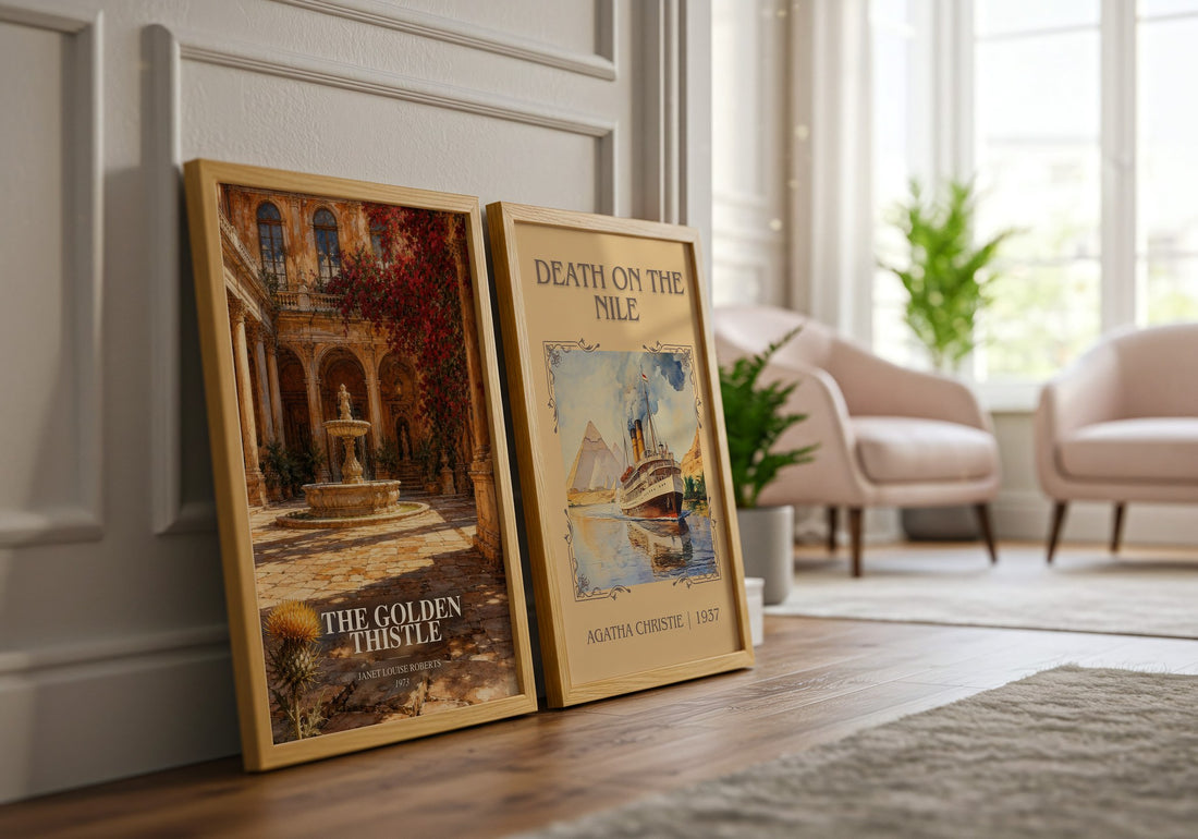 The Golden Thistle watercolour print framed by window – literary home decor