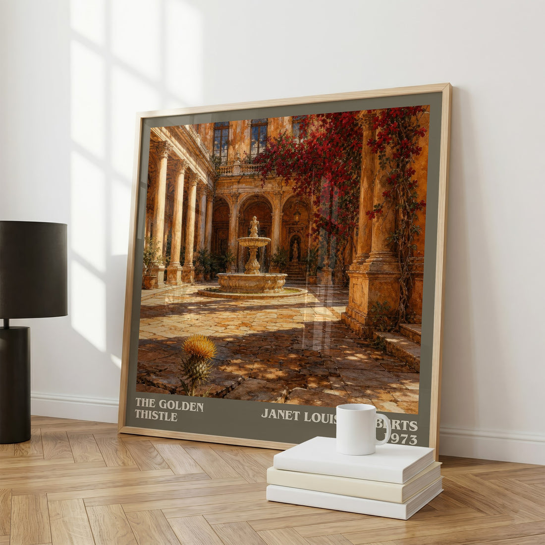 The Golden Thistle literary print framed by window – literary home decor