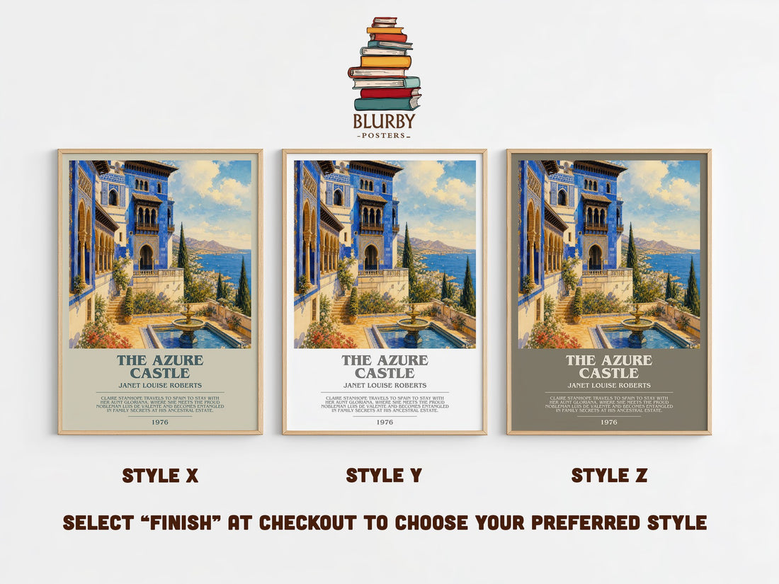 The Azure Castle bookish print in frame leaning in hallway – romance wall art (mockup)