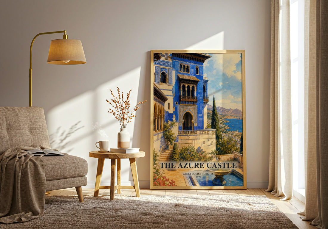 The Azure Castle watercolour print in frame leaning in hallway – romance wall art