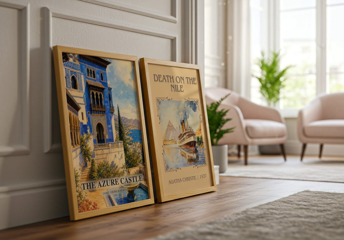 The Azure Castle watercolour print framed by window – literary home decor