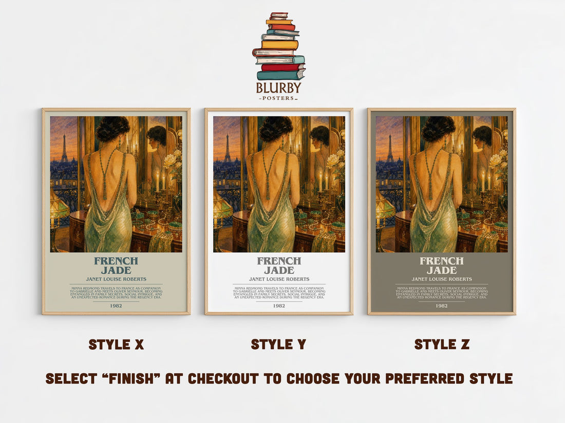 French Jade bookish print in frame leaning in hallway – romance wall art (mockup)