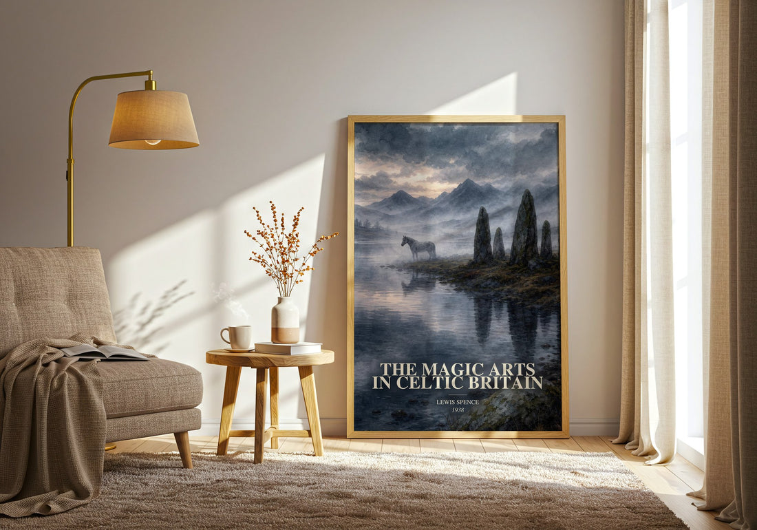 The magic arts in Celtic Britain watercolour print in frame leaning in hallway – non fiction wall art