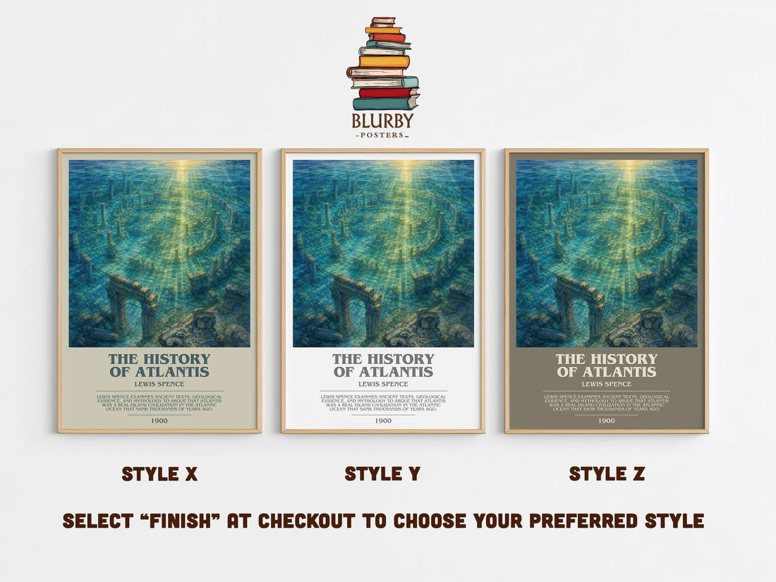 The history of Atlantis bookish print in frame leaning in hallway – non fiction wall art (mockup)