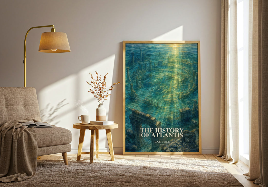 The history of Atlantis watercolour print in frame leaning in hallway – non fiction wall art