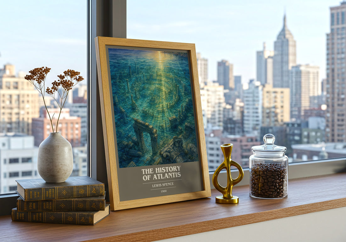 The history of Atlantis book cover print framed by window – literary home decor