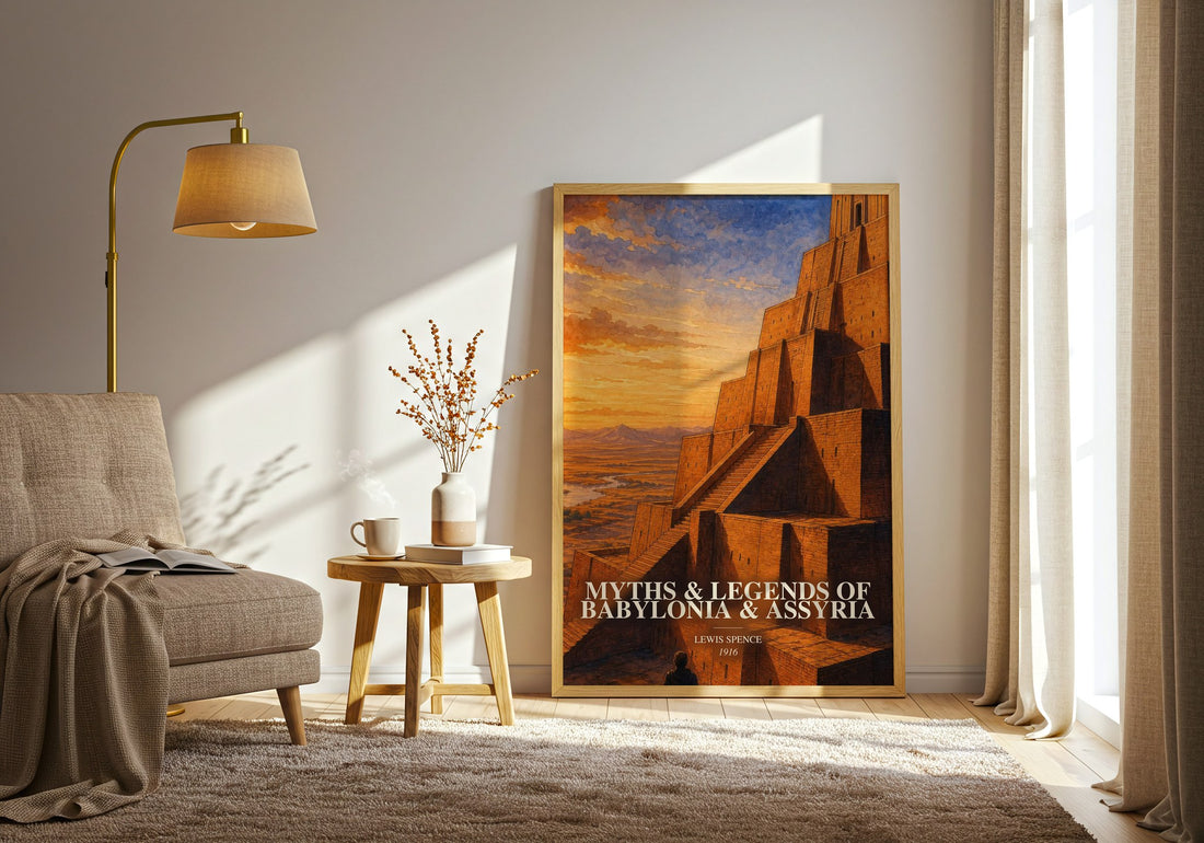 Myths & legends of Babylonia & Assyria watercolour print in frame leaning in hallway – non fiction wall art