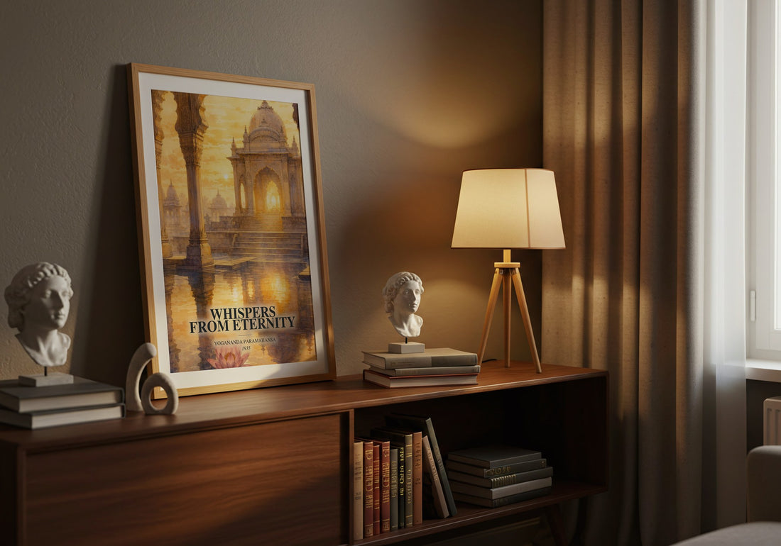 Whispers from Eternity watercolour print on bookshelf – Yogananda Paramahansa fan gift