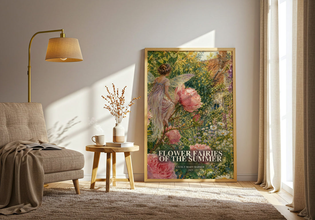 Flower Fairies of the Summer watercolour print in frame leaning in hallway – childrens wall art