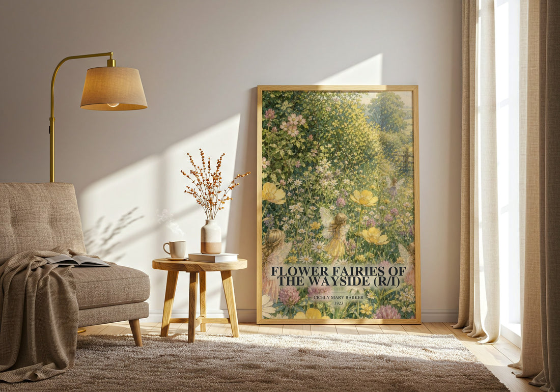 Flower Fairies of the Wayside (R/I) watercolour print in frame leaning in hallway – childrens wall art