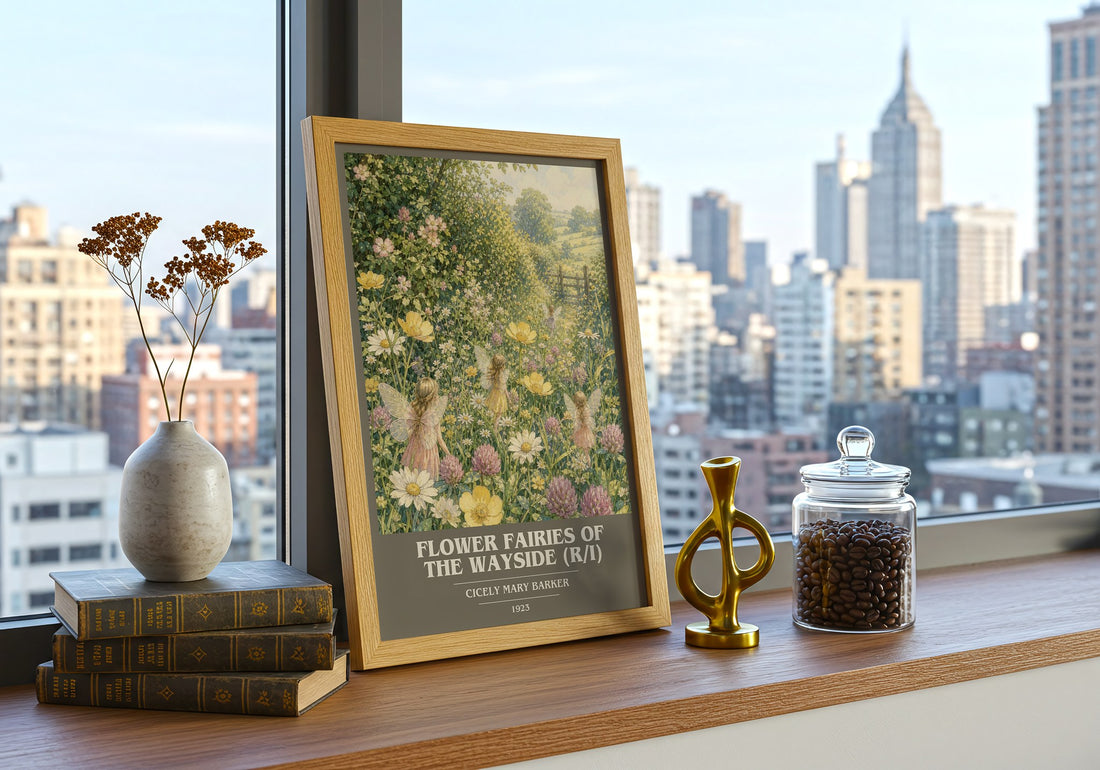 Flower Fairies of the Wayside (R/I) book cover print framed by window – literary home decor
