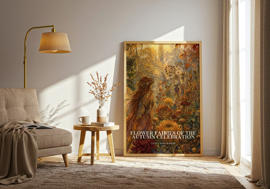 Flower Fairies of the Autumn Celebration watercolour print in frame leaning in hallway – childrens wall art