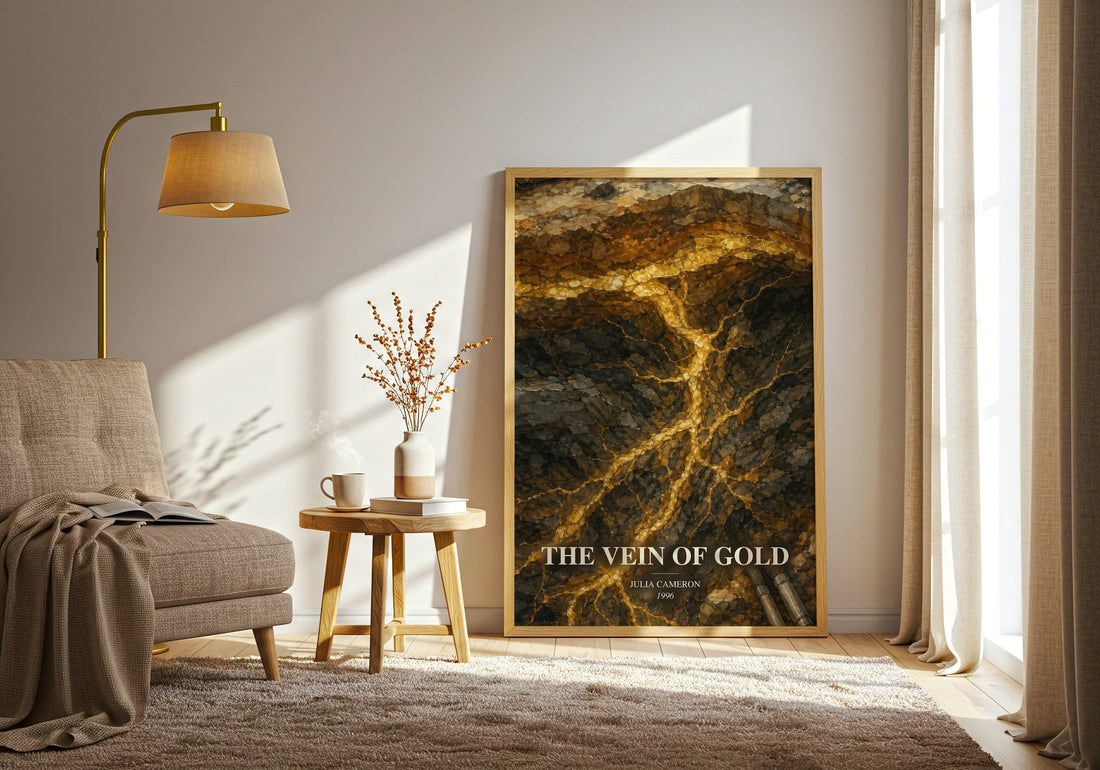The Vein of Gold watercolour print in frame leaning in hallway – non fiction wall art