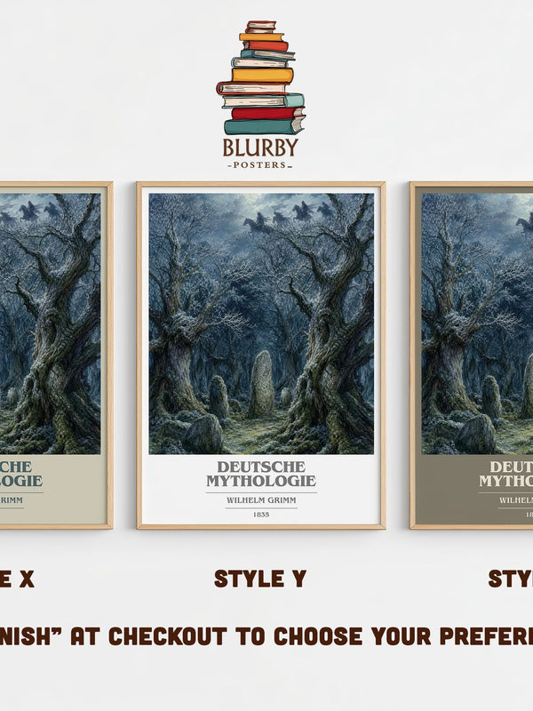 Deutsche mythologie book cover print in frame leaning in hallway – non fiction wall art